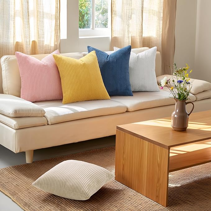 Mecatny Corduroy Fall Throw Pillow Covers 24x24 Set of 2 Mustard Yellow | Soft Striped Texture, Hidden Zipper Design, Neutral Boho Square Pillow Cases for Sofa Couch Living Room Bedroom, Home Décor