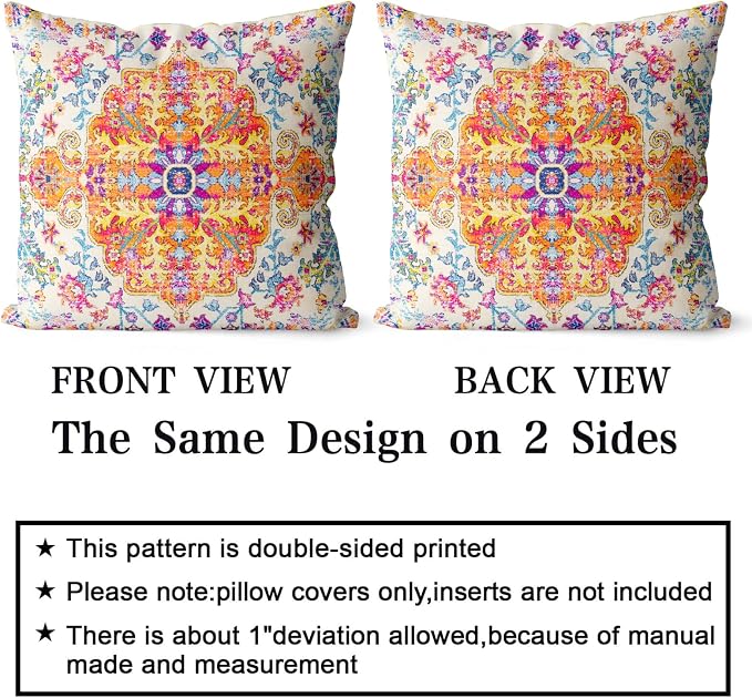 Snycler Orange Blue Ethnic Boho Pillow Covers 18x18 in Boho Carpet Cream Coral Floral Decorative Couch Pillow Cases with Zipper Set of 2 Home Decor for Living Room Bedroom Bed Cushion Outdoor