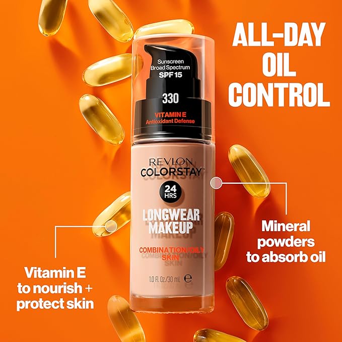 Revlon Liquid Foundation, ColorStay Face Makeup for Combination & Oily Skin, SPF 15, Medium-Full Coverage with Matte Finish, 110 Ivory, 1 Fl Oz