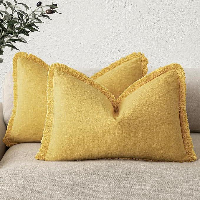 Foindtower Set of 2 Decorative Linen Fringe Lumbar Throw Pillow Covers Boho Farmhouse Cushion Cover with Tassels Soft Accent Pillowcase for Couch Sofa Living Room Home Decor,12×20 Inch,Ginger Yellow