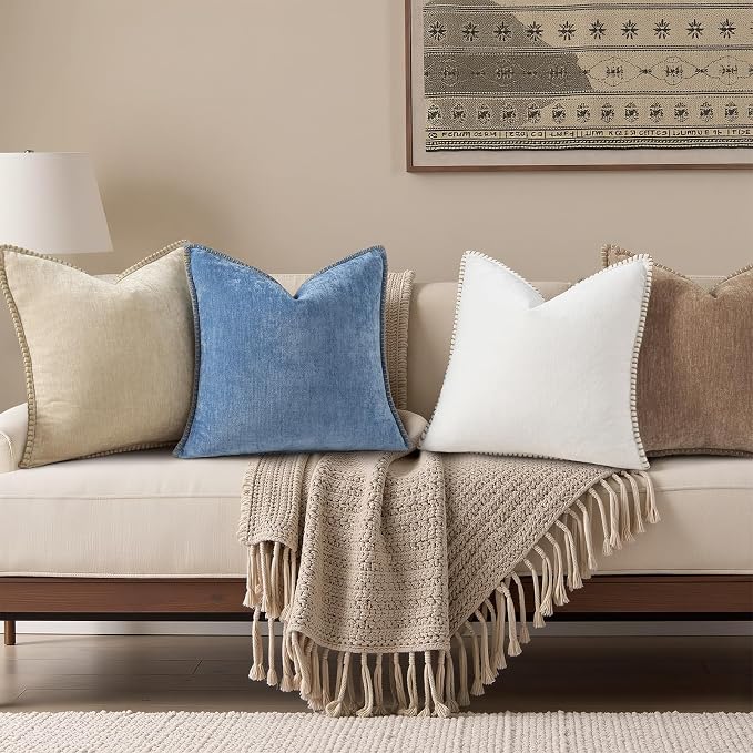 decorUhome Soft Chenille Throw Pillow Covers 22x22 Set of 2 Brown | Fall Textured Decorative Throw Pillow Cases Stitched Edge Modern Farmhouse Luxury Boho Velvet for Couch Sofa Bed Home Decor