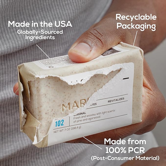 MARLOWE. No. 102 Body Scrub Soap 7 oz (3 Bars), Cedarwood & Sea Salt, Exfoliating Soap Bar with Shea Butter, Olive Oil & Green Tea Extracts, Cleanses, Smooths & Revitalizes Skin, Fresh & Zesty Scent