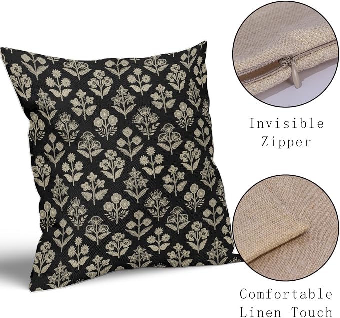 Black Floral Block Print Pillow Covers 20x20 Inch Set of 2, Vintage Flower Pattern Decorative Throw Pillowcases Outdoor Farmhouse Cushion Covers Spring Summer Rustic Sofa Couch Bed Decor