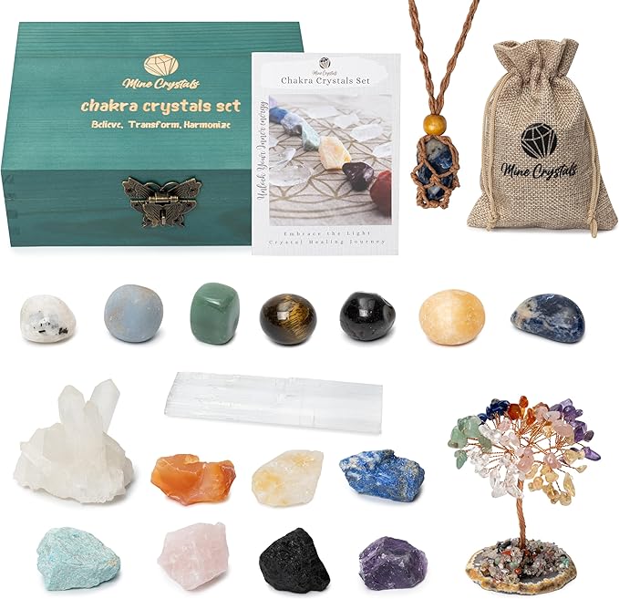 Crystal Stones Chakra Set Authentic Natural Raw Crystals Gemstones Kit Spiritual Gift - Quartz Colony Selenite Wand Rose Quartz Reiki Yoga Meditation