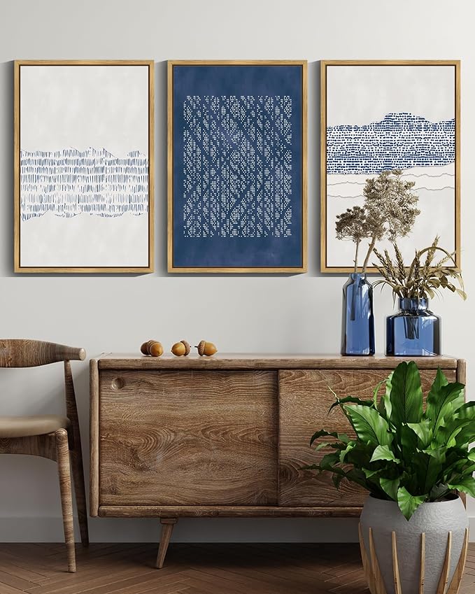 Drsoum Blue Abstract Boho Framed Wall Art Large 16x24in Minimalist Mid-Century Modern Wall Decor Geometric Artwork Kitchen Dining Room Natural Framed