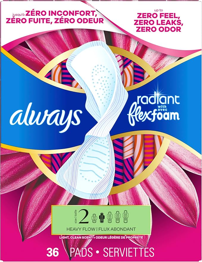 Always Radiant Feminine Pads for Women, Flexfoam Pads with Wings, Size 2, Heavy Absorbency, Lightly Scented, 36 Count