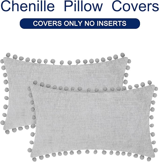 CaliTime Decorative Couch Throw Pillow Covers 20 X 12 Inches Moonbeam Gray | Pack of 2, Cozy Chenille Cushion Cases, with Pom Poms for Sofa Bed Living Room Farmhouse Home
