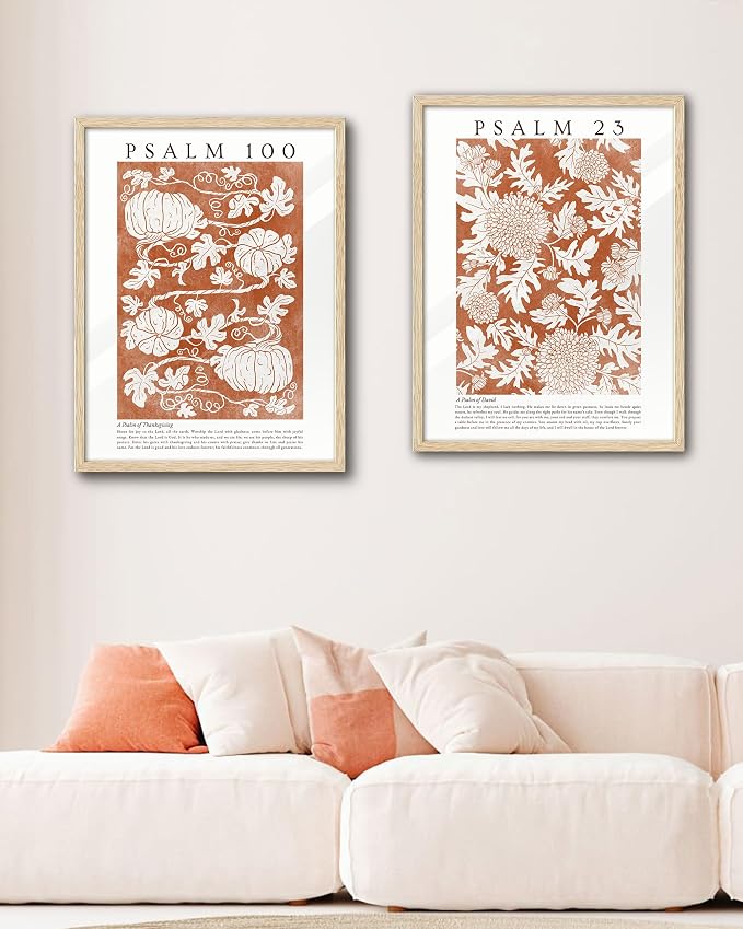 EcoHest 16x20 in Psalm 23 Orange Floral Botanical Framed Christian Wall Art | Solid Oak Wood Frame with Canvas Wall Art, Scripture Bible Verse Wall Decor for Bedroom, Living Room, Office, Church, 1Pack