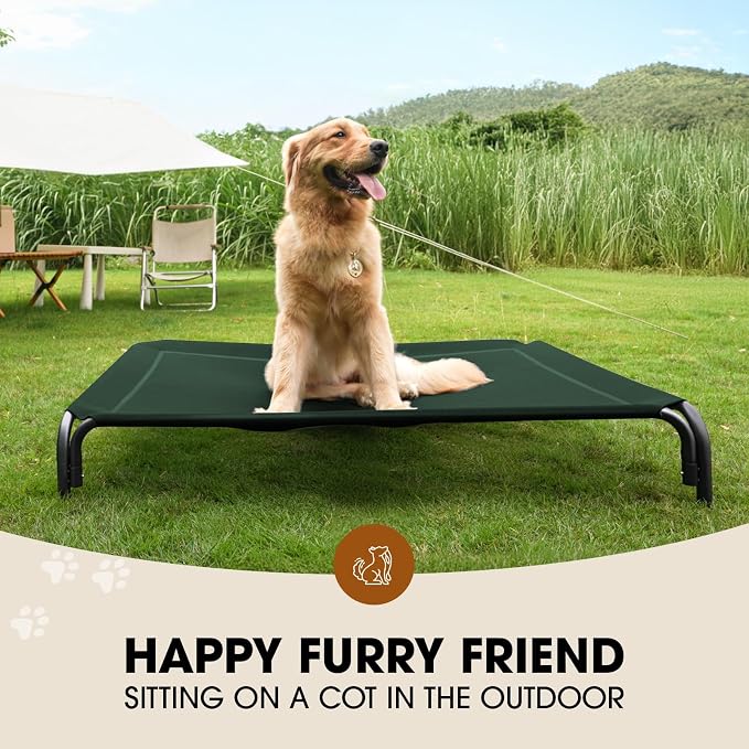 Elevated Outdoor Elevated Dog Bed for Medium Sized Dogs, No-Tool Assembly. | Raised design promotes airflow. Tool-free assembly, easy-to-clean mesh, portable, with anti-skid feet. Indoor/outdoor use.