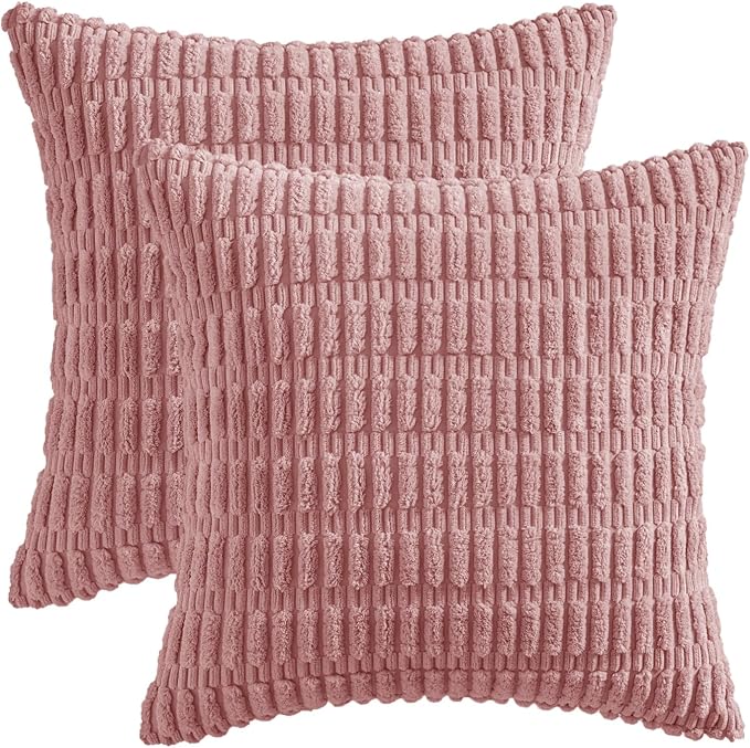 MIULEE Corduroy Decorative Throw Pillow Covers 16x16 Blush Pink Pack of 2 | Soft Boho Striped Pillow Covers Modern Farmhouse Home Decor For Sofa Living Room Couch Bed
