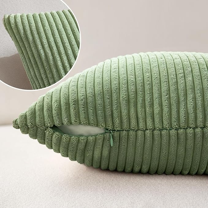 MIULEE Decorative Corduroy Throw Pillow Covers Set of 2 18x18 Sage Green | Soft Striped Textured Cushion Cases, Boho Natural Greenery Pillowcases for Home Decor, for Couch Chair Sofa Bed Living Room