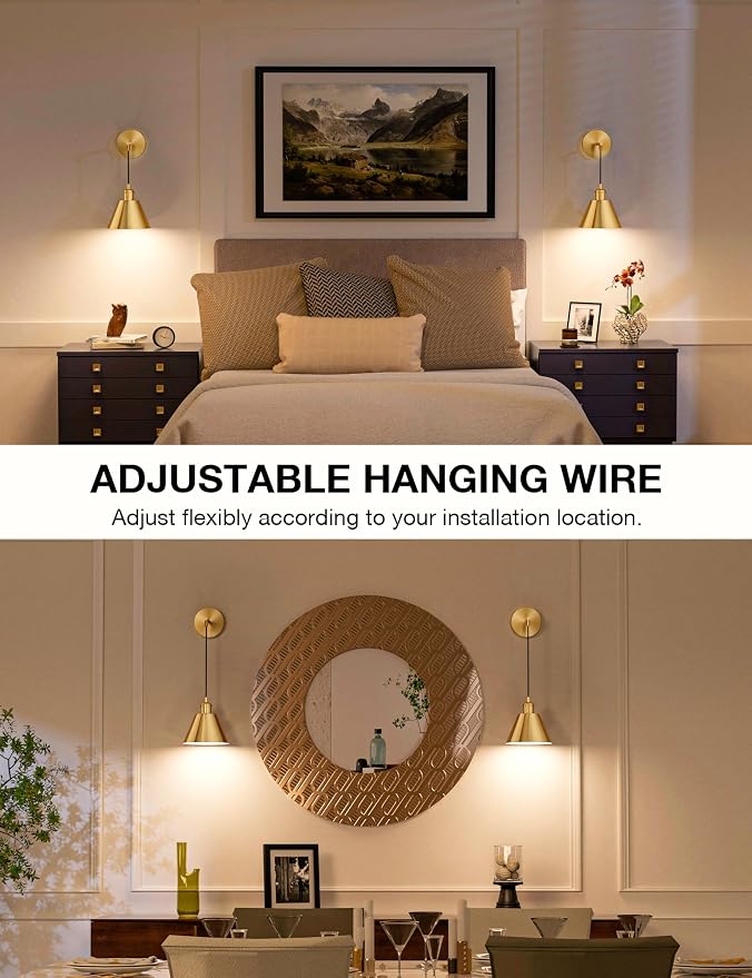 Brushed Gold Battery Operated Wall Sconce Set of 2, 5200mAh Dimmable Detachable Bulbs and Remote Wireless Rechargeable Wall Lights, 9 Colors Sconces Wall Decor for Bedroom Living Room Hallway