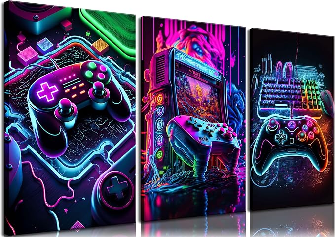 BGFCE Game Room Decor Posters Set of 3 - Neon Gaming Accessories Theme Canvas Wall Art, Gamer Console Paintings Picture Wall Decor for Children Youth Boys Bedroom 12x16 inch Framed