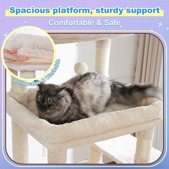 Hey-brother Cat Tree Tower with Extra Large Platform and Basket, MPJ080M | 71.7 Inches Scratching Posts with Specious Condo, 2 Cozy Hammocks, Scratch Board for Indoor Adult Cats, Maine Coon Beige