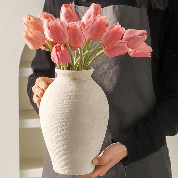 Vanselia Ceramic Flower Vase Home Decor - Large Farmhouse Table Vases Rustic Vintage Living Room Kitchen Bedroom Decorations for House Book Shelf Office Coffee Desk Dining Fireplace (9" Rustic)