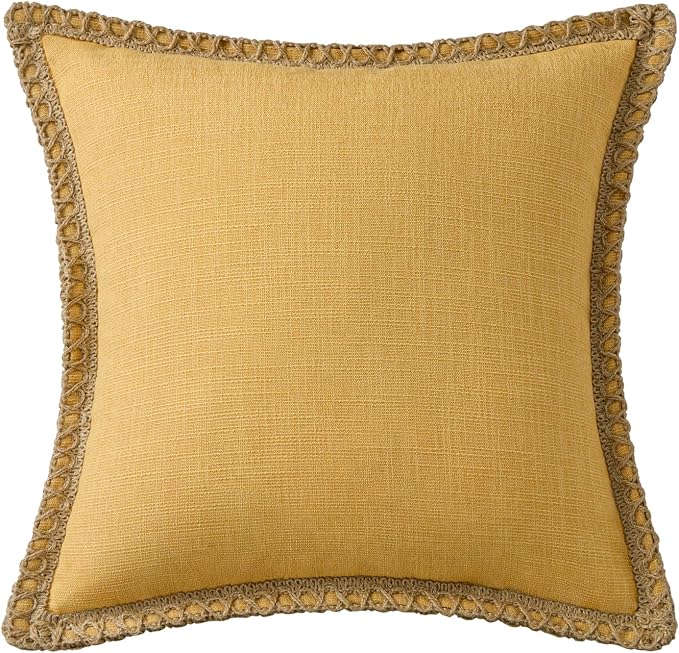 Phantoscope Pack of 2 Farmhouse Decorative Throw Decorative Pillow Cover Burlap Linen Trimmed Tailored Edges, Mustard Yellow, 18 x 18 inches, 45 x 45 cm