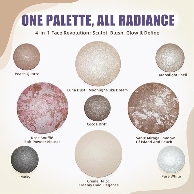 9 Colors Baked Makeup Palette, 4 in 1 Make up Palette with Bronzer, Blush,Highlighters,Eyeshadows,Highly Pigmented& Long-Wearing Formulas Travel-Friendly Beauty Essential