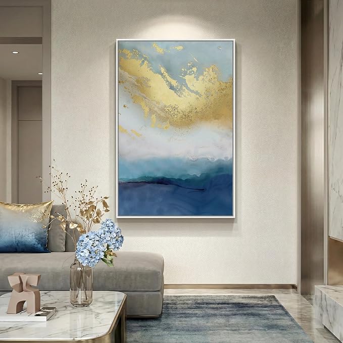 Large Framed Blue Gold Abstract Wall Art, Modern Vertical Canvas Prints Paintings Artwork for Walls, Minimalist Contemporary Pictures Wall Decor for Living Room Dining Room Bedroom Hallway 32x48 In