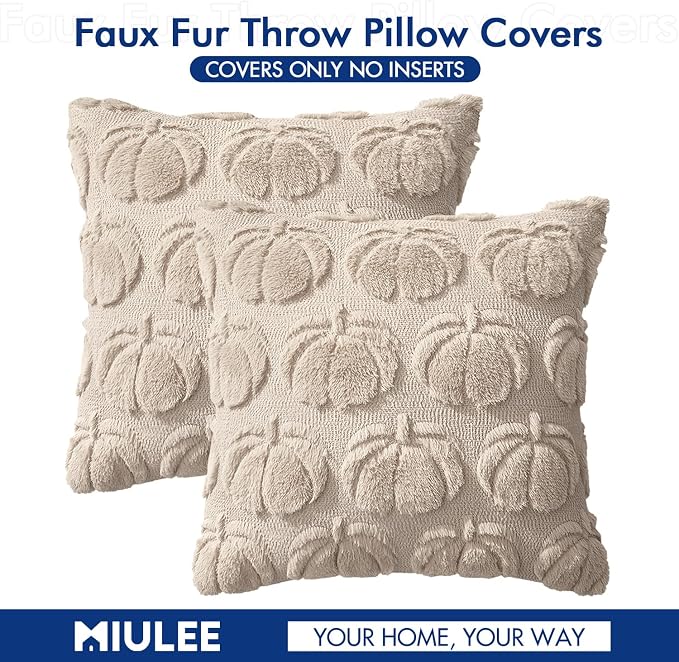 MIULEE Fall Pillow Covers Pumpkin Fall Decor 22x22 Beige | Set of 2 Fall Decorations for Home, Plush Faux Fur Farmhouse Accent Pillowcases, Porch Sofa Couch Cushion Bed Livingroom
