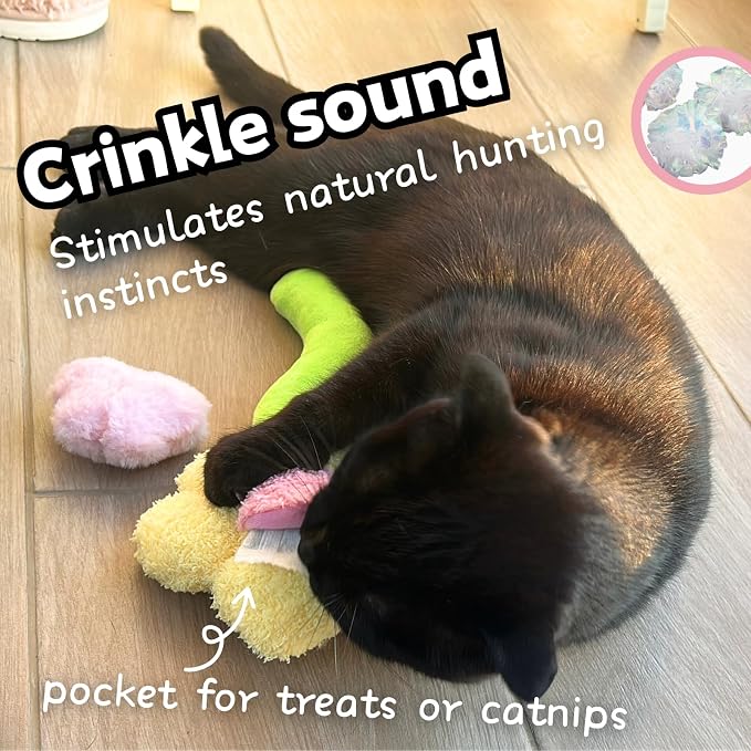 CECE PAW 3 PCS Catnip Toys, Includes 6-Pack Catnip Pouches, Catnip Refillable Interactive Cat Toy with Crinkle Sound, Bunny Easter Kicker Toy for Indoor Cats, Chew, Food Puzzle for Kitten Enrichment