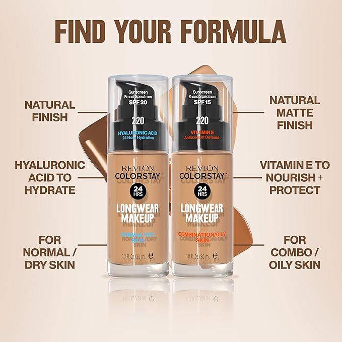 Revlon Liquid Foundation, ColorStay Face Makeup for Normal & Dry Skin, SPF 20, Longwear Medium-Full Coverage with Natural Finish, 320 True Beige, 1 fl oz