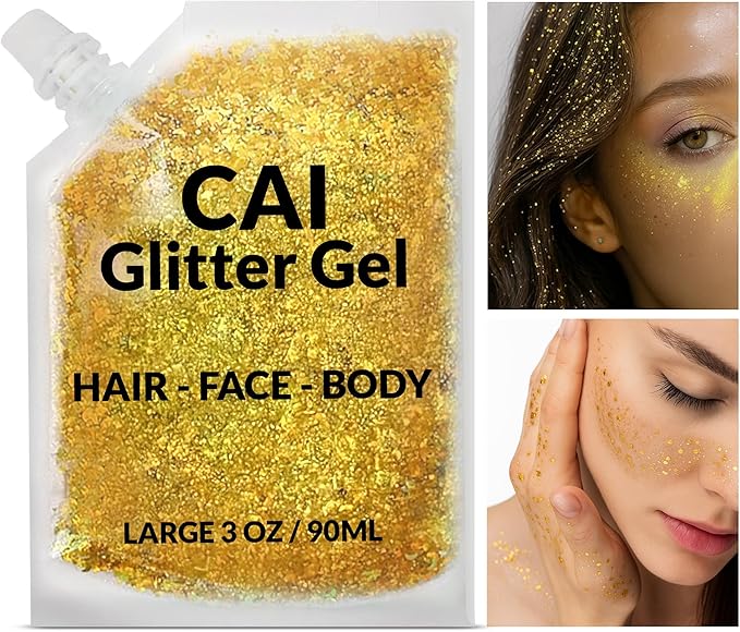 Face, Body & Hair Glitter Gel – Halloween Glitter for Kids and Women – 3 Oz Cosmetic-Grade Gel w/Moon & Stars for Festivals & Halloween Party, Easy Apply & Wash Off - Gold 2Pack