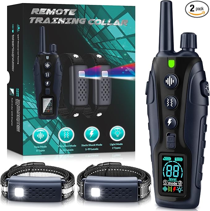 Dog Shock Collar 2 Dogs(15-150lbs) with Flashing Light for Night Walks,4500FT Dog Training Collar Adjustable Pitch Beep(1-8), Vibration(1-16), Safe Shock(1-99), and Keypad Lock