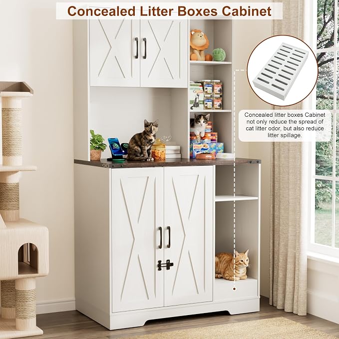 71Inches Tall Cat Litter Box Enclosure for Cats W/Power Outlets,Open Shelves.Wooden Pet Washroom Furniture W/Locks,Cabinet.Indoor Cats House,Hidden Cat Litter Box for Living Room,Bedroom(White-3)