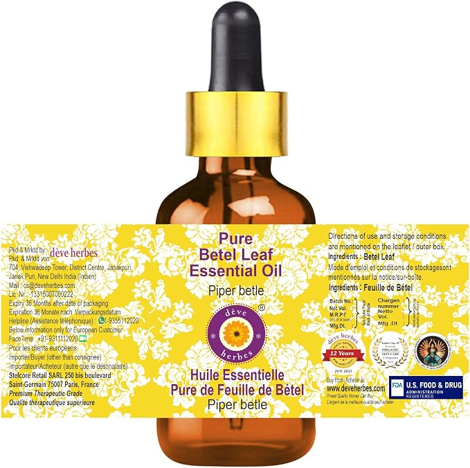 Deve Herbes Pure Betel Leaf Essential Oil (Piper betle) with Glass Dropper Steam Distilled 15ml (0.50 oz)