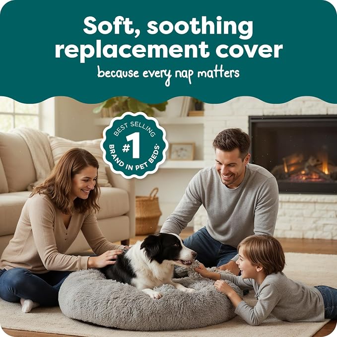 FurHaven Replacement Dog Bed Cover, Long Faux Fur for Calming Cuddlers, Machine Washable, Customizable Filling, Large, Faux Fur, Misty Gray