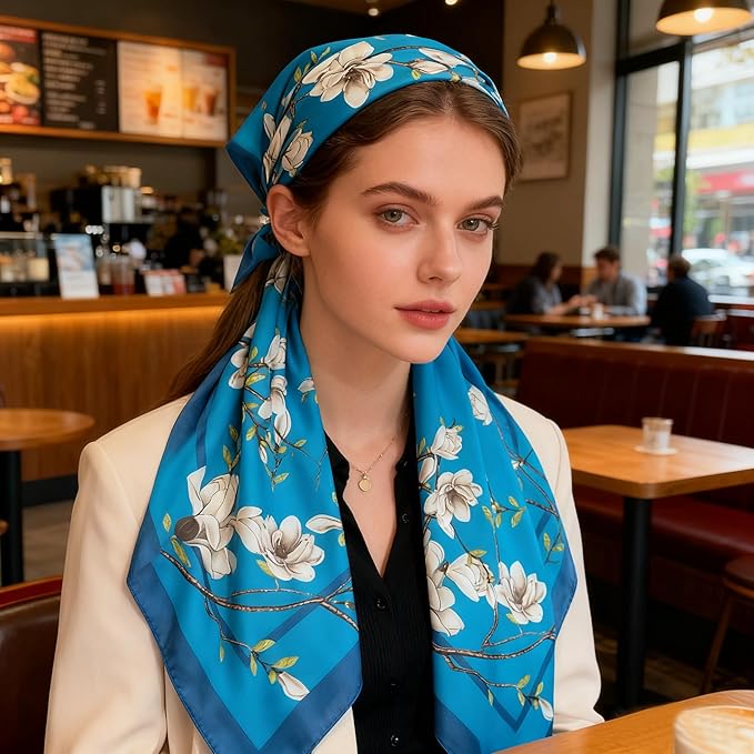 K-Elewon Large Square Scarf 43" Silk Scarf Fashion Scarves Silk Feeling Hair Wrapping Scarfs Night Sleeping Headscarf