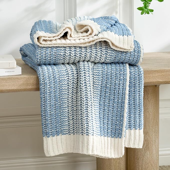 Premium Chenille Throw Blanket, Blue Ivory, 60"x80" | Soft Cozy Decorative Knit, Textured Two-Tone, Lightweight Warm, For Couch, Sofa, Bed, Living Room
