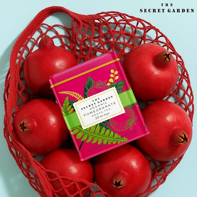 Life Plus Style Gourmet The Secret Garden Organic Pomegranate Green Tea Natural Caffeinated Herbal Leaf 50 Tea Bags Gift Tin USDA Certified Non-GMO Sugar Free Green Tea