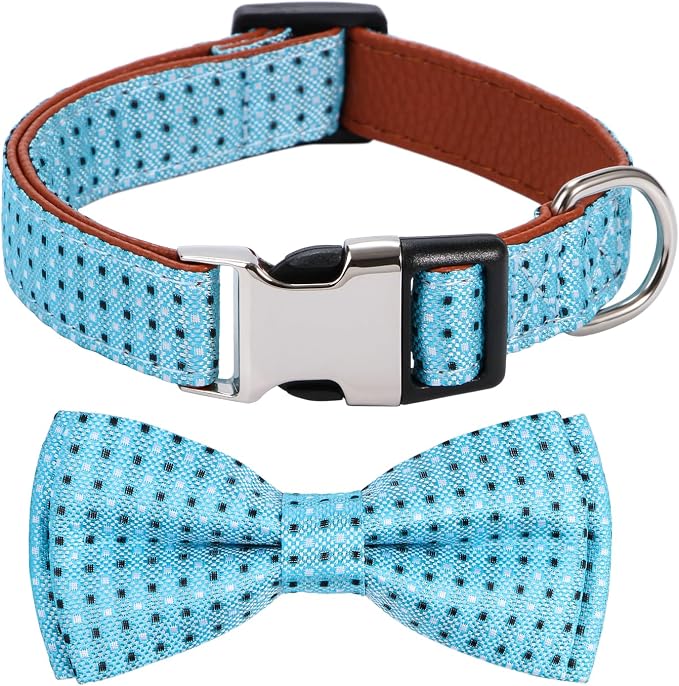 Bow Tie Dog Collar Checkered Pattern Sky Blue with Bowtie for Boy Girl Dogs Medium