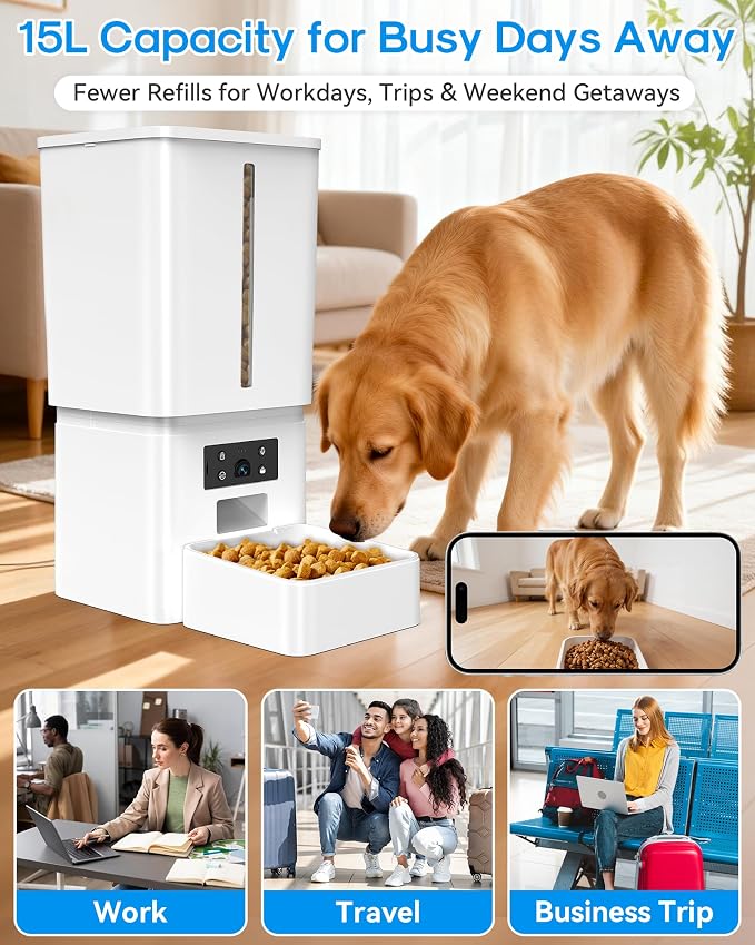 Automatic Dog Feeder Large Breed, 15L/63 Cups Auto Dog Food Dispenser | Anti-Clog Design for 2–23mm Large Kibble, 1080P HD Camera ＆ Night Vision, Easy Setup 5G WiFi App Control for Busy Pet Parents