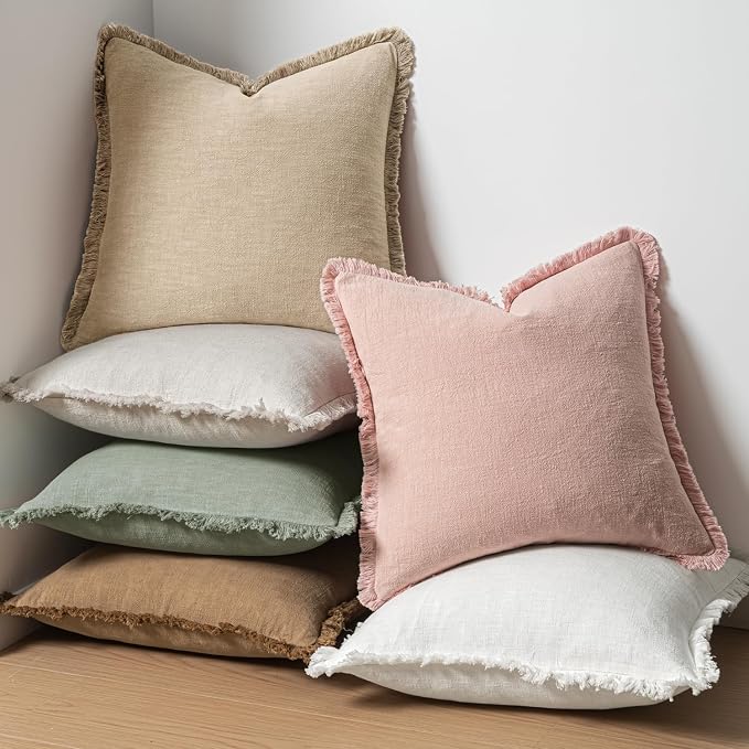 MIULEE Boho Linen Fringe Decorative Throw Pillow Covers Pink 20x20 | Set of 2, Cottagecore Decor, Boho Farmhouse Neutral Pillow Covers, Rustic Couch Cushion Cases for Sofa Bed Living Room