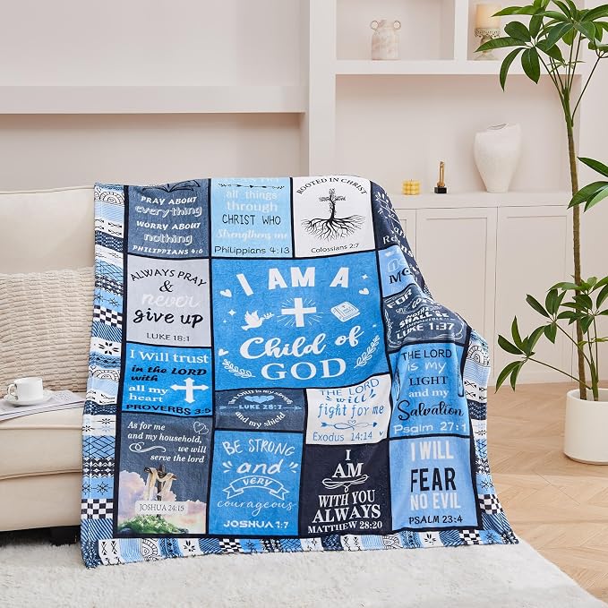 Fathers Day Christian Gifts for Men, Birthday Gift for Men, I Am a Child of God Blanket, Inspirational Gifts for Mens Brother, Son, Dad, Grandpa, Baptism Gifts for Boys Blankets 60''x50'' Blue