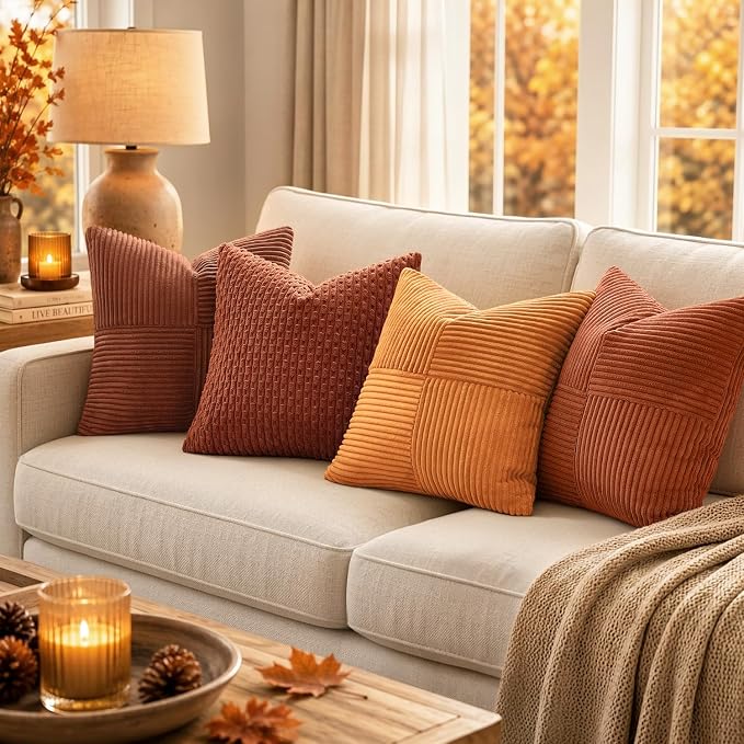 MIULEE Fall Burnt Orange Decorative Lumbar Throw Pillow Covers 12x20 Inch | 2 Pack, Boho Farmhouse Pillow Covers, Soft Cross Corduroy Patchwork Textured Cushion Cases For Bed Sofa
