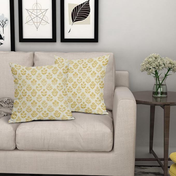 Yellow Floral Pillow Covers 22x22 Inch Set of 2, Vintage Flower Block Print Pattern Decorative Throw Pillowcases Outdoor Farmhouse Cushion Covers Spring Summer Rustic Sofa Couch Bed Decor