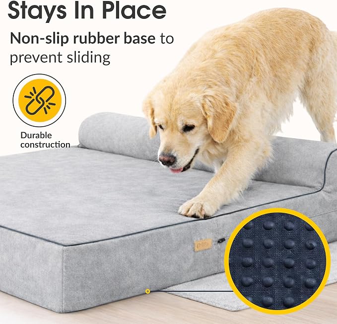 Orthopedic Memory Foam Dog Bed 7" Inch Thick Extra Large Dog Bed With Pillow Grey 50"x34"x10" Includes Waterproof Liner & Durable Removable Cover With Smart Design
