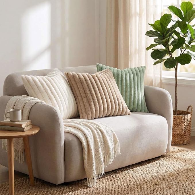 Pallene Faux Fur Decorative Throw Pillow Covers 22x22 Set of 2, Cream White | Luxury Plush Texture, Striped Design, Cozy Soft Touch, Modern Home Accent Decor for Couch, Sofa, Bed, Living Room