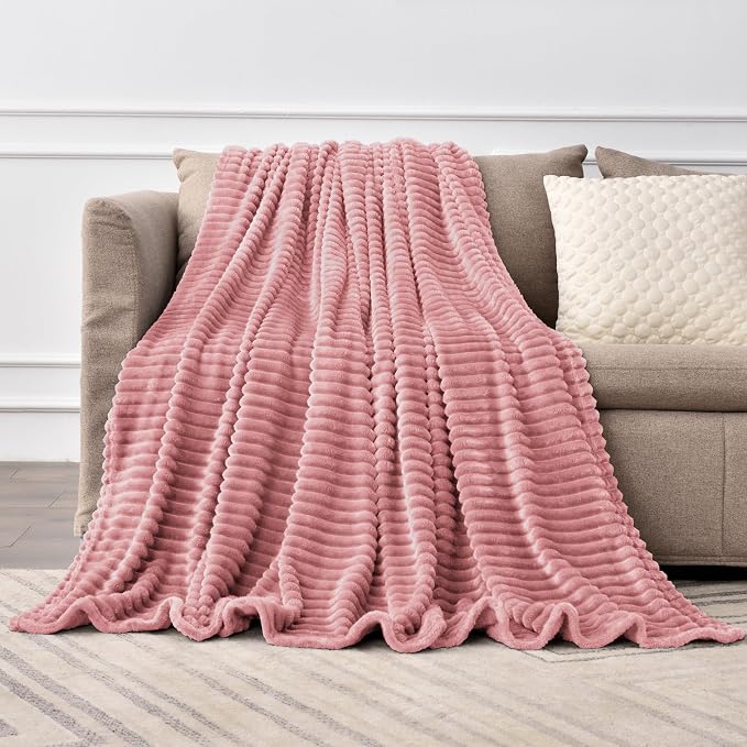 BEDELITE 3D Ribbed Jacquard Pink Full Size Blankes for Bed, 84x90 Inch | Soft Warm Decorative Fluffy Blanket, Cozy Fuzzy Lightweight Plush Fleece Throw Blankets for Bed, Room Decor, Gift for Women
