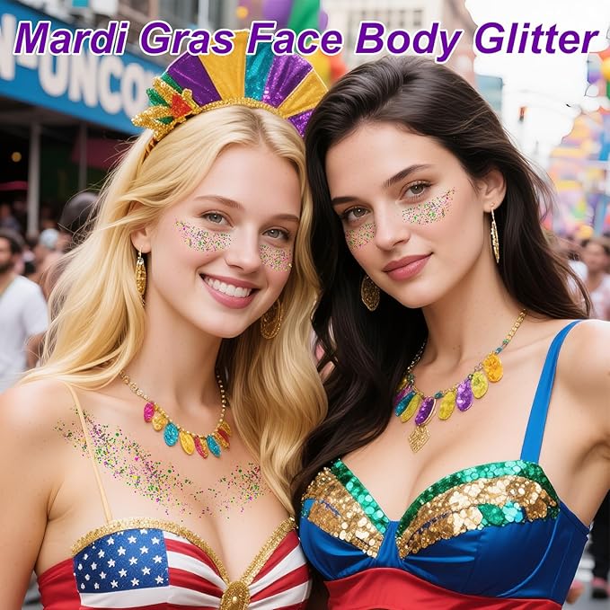 Mardi Gras Gold Hair Glitter Stick,Purple Green Face Body Glitter Makeup,Waterproof Carnival Costume Outfits for Women & Kids,Mardi Gras Accessories Singer Concerts Chunky Glitter