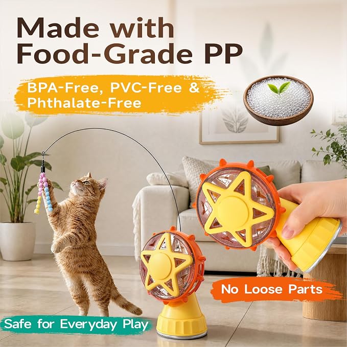 Interactive Cat Ferris Wheel Toy with Cat Wand, Rotating Treat Dispenser Puzzle Slow Feeder with Strong Suction Cup, Foraging Anxiety Relief Exercise Toy for Indoor Cats & Kittens (Yellow)