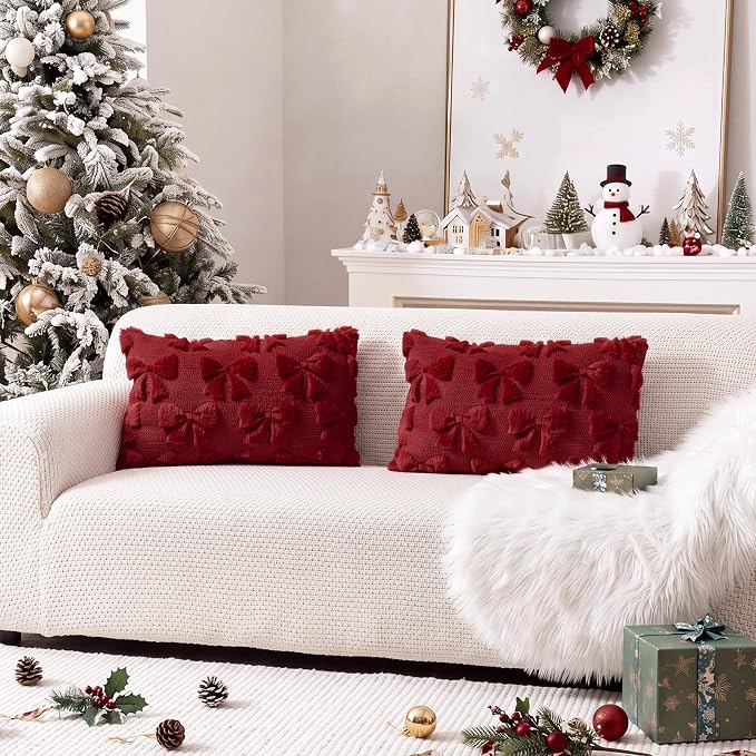 Mixweer Burgundy Bow Pillow Covers Set of 2 Preppy Room Decor Coquette Cute Spring Summer Decorative Faux Fur Soft Bowknot Stuff Fluffy Plush Aesthetic Pillowcase for Bed Sofa Couch (12 x 20 Inch)