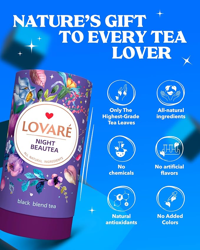 LOVARE Night Beautea Loose Leaf Tea 80 g - Made in Ukraine - Ceylon Black Tea, Cherry Berries, Cornflower Petals, Royal Pomegranate Plum Aroma - Tea Lovers Gift Box with 15 Paper Filters (Night Beautea)