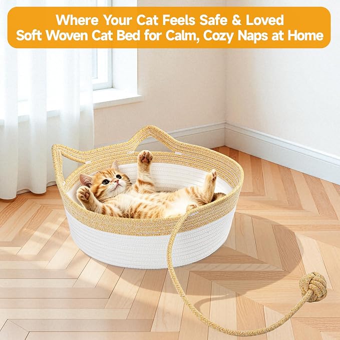 Cotton Rope Woven Cat Bed, Instinct Pet Basket with a Play Ball, Large | Foldable Cat Scratcher Basket for Indoor Cats, Puppies, Rabbits and Small Pets, Yellow & White
