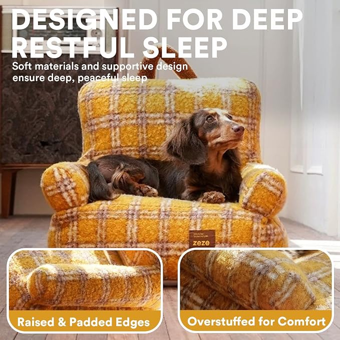 ZEZE Vintage Furniture Style Sofa Pet Bed - Washable Plush Dog & Cat Couch, Retro Style Pet Furniture, Soft Cozy Support for Pets (Small, Plaid)