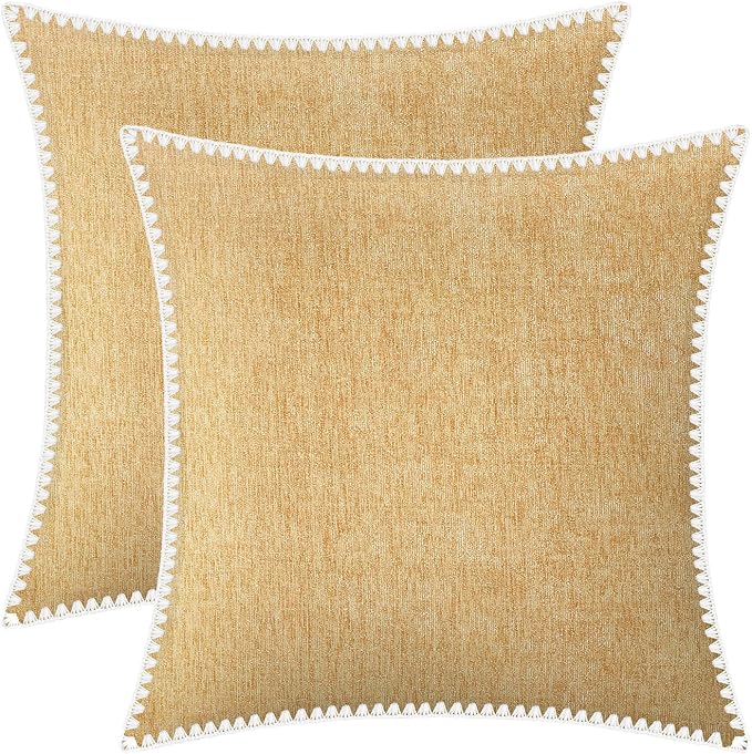 BRAWARM Chenille Throw Pillow Covers 22x22 Inches, Gold, 2 Pack | Decorative Pillow Covers with Shell Edge, Soft Cushion Cases for Sofa Bed Living Room Home Farmhouse (No Insert)