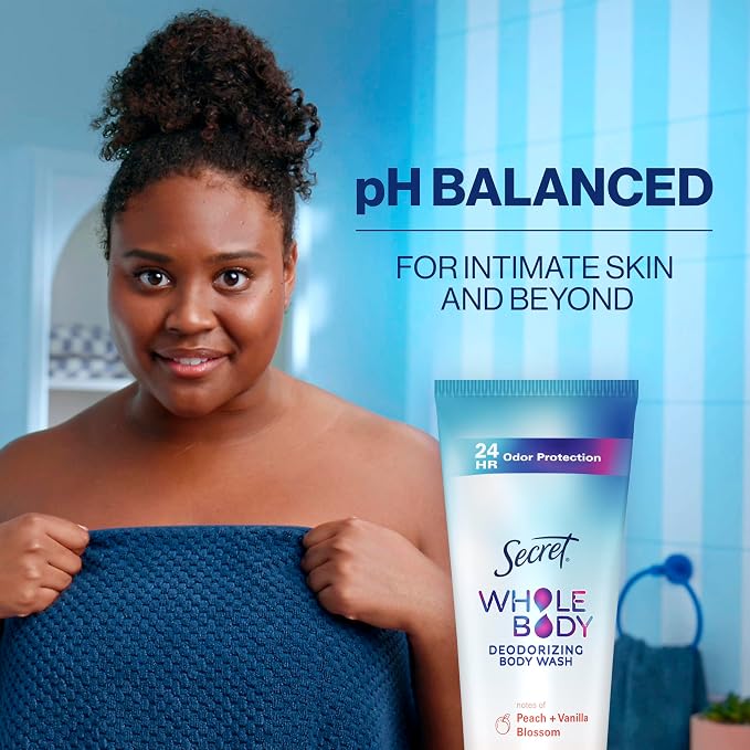 Secret Feminine Wash, 24 HR Deodorizing Feminine Body Wash for Women, Removes 6x Causes of Odor, PH Balanced, Safe to Use Everywhere, Peach & Vanilla Blossom Scent, 8.0 oz